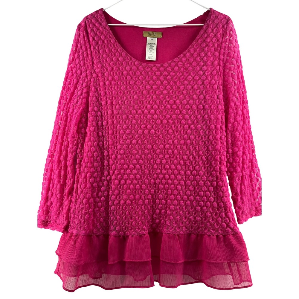 Valerie Stevens Hot Pink Textured Lace Tunic Ruffle Tiered Hem Blouse L